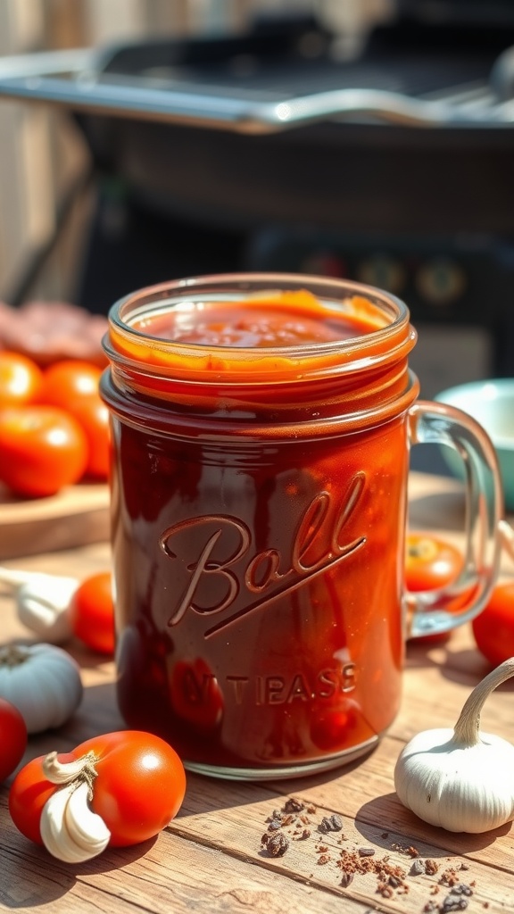A mason jar of homemade barbecue sauce surrounded by fresh ingredients on a wooden table with a grill in the background.